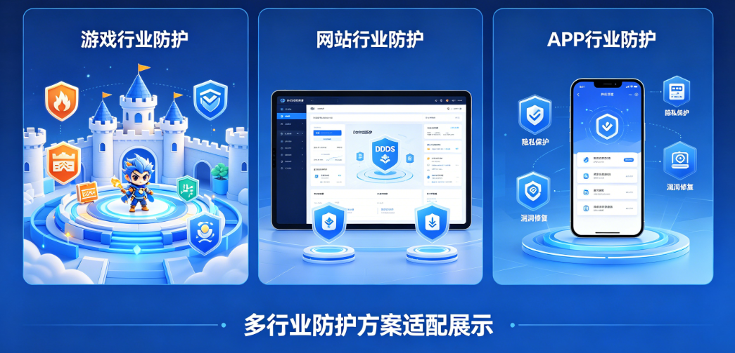 高防IP适配多行业防护场景示意图（游戏 / 网站 / APP）