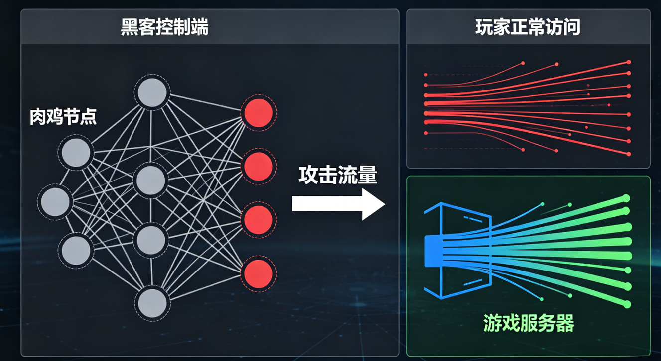 棋牌游戏DDoS攻击类型原理架构示意图