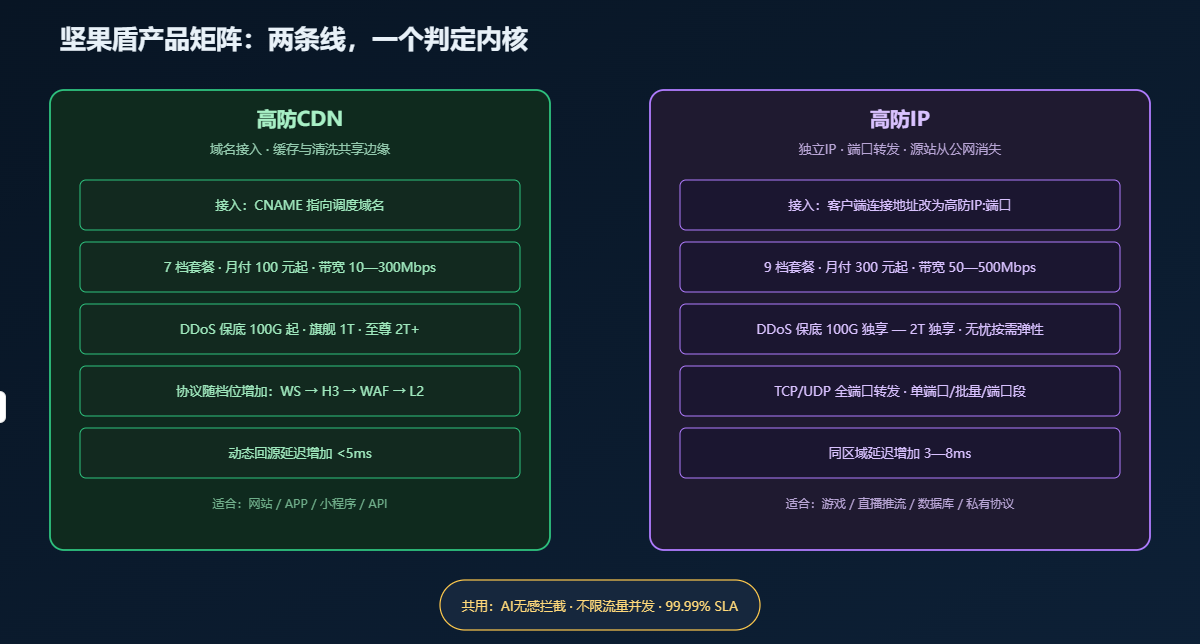 坚果盾高防CDN与高防IP产品矩阵对比:域名接入与端口转发分工 坚果盾高防CDN与高防IP产品矩阵对比:域名接入与端口转发分工